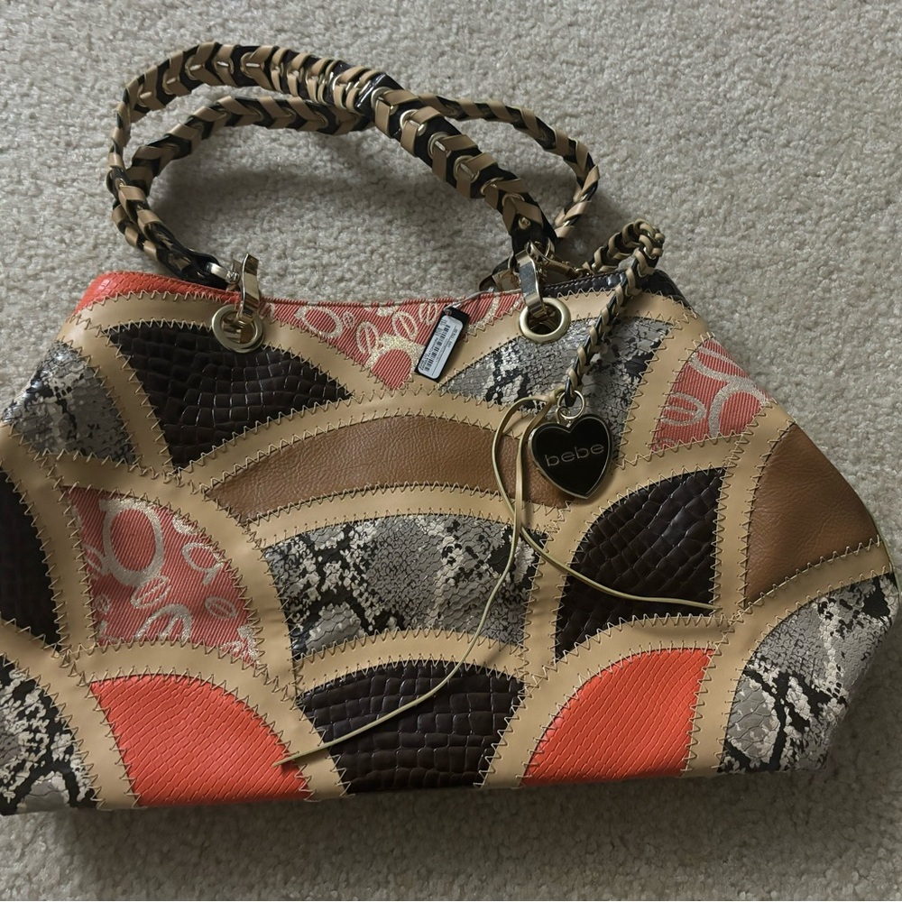 Bebe Patchwork Shoulder Bag with Brown and Orange Accents